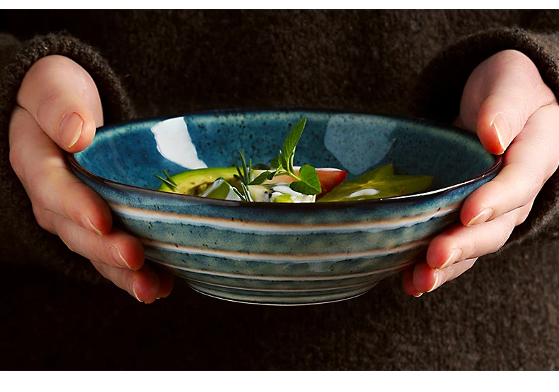 ANTOWALL керамическая ins кухонная посуда, голубой суповое блюдо, китайские полосы, индиго, натуральная глазурь, фруктовый салатник