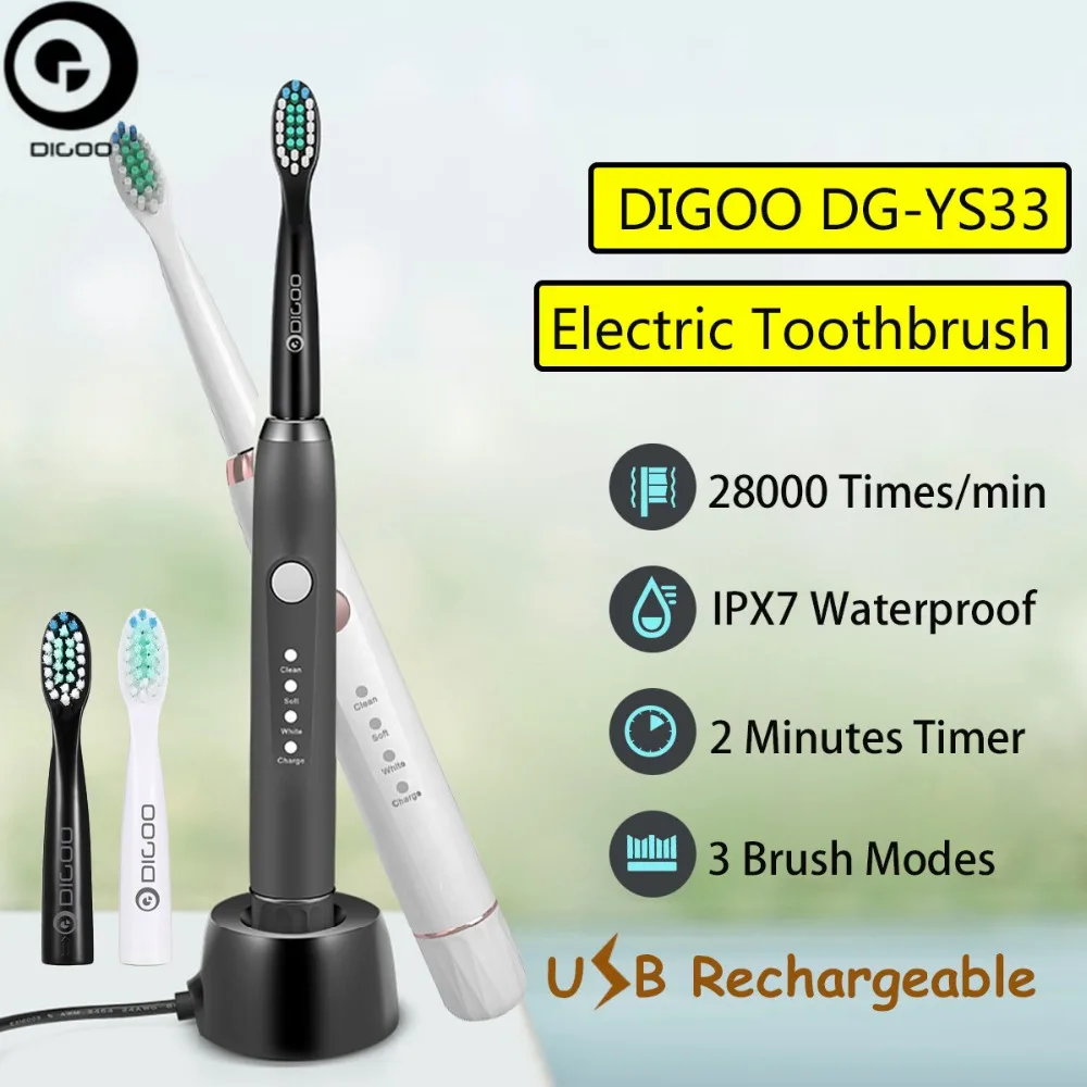 

Digoo DG-YS33 3 Brush Modes Essence Sonic Electric Wireless USB Rechargeable Toothbrush IPX7 Waterproof With 2 Toothbrush Head