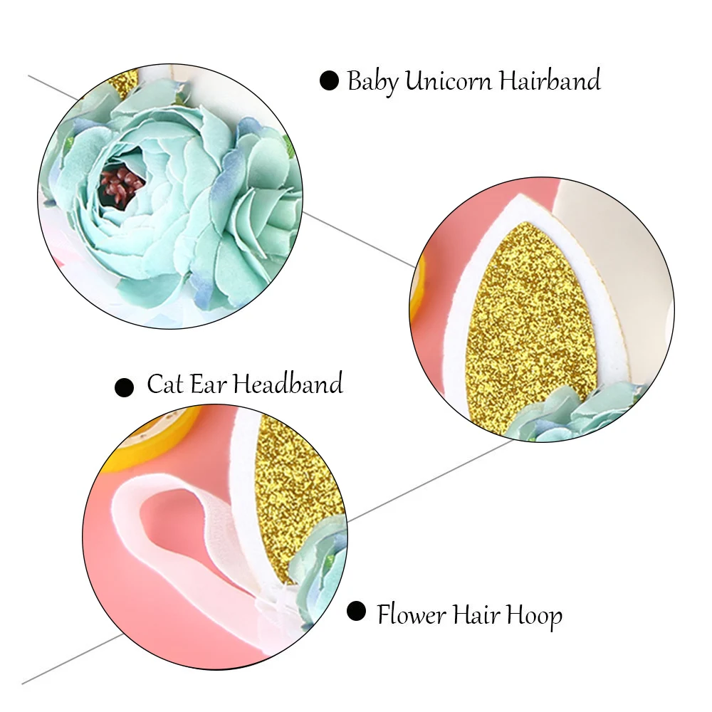 Детская тиара с кошачьими ушками, блестящая металлическая Радужная повязка на голову с бантом, Рог единорога с цветами, вечерние обручи для волос, подарок для детей