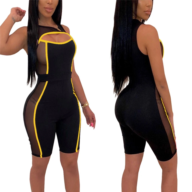 Sexy Women Sleeveless Mesh Patchwork Jumpsuit 2019 New See Through Bodysuit One-piece Cut Off Hole Rompers Beach Sports Playsuit | Женская