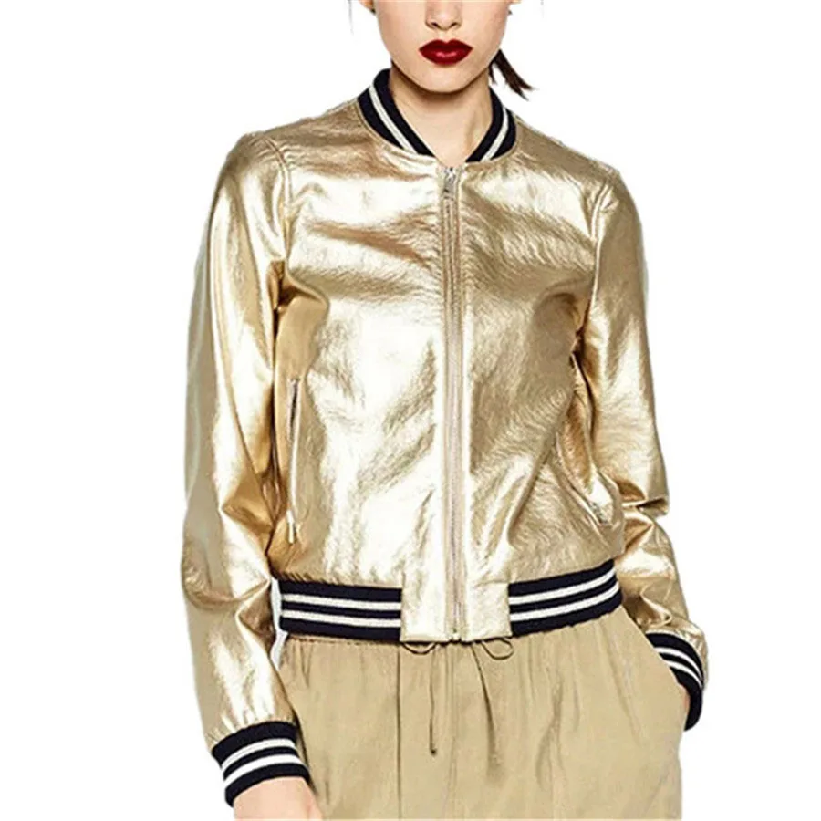 

2018 Runway Brand Designer Sliver Gold Bomber Jacket Women Basic Coats Striped Casual Jackets Outwear Jaqueta Feminina