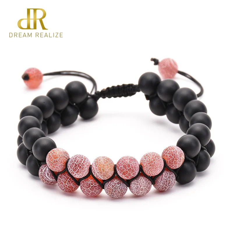 

Natural Stone Black Matte Double Row Beaded Bracelet Weathered Agates Double Layer Handmade Woven Adjustable Bracelet for Unisex