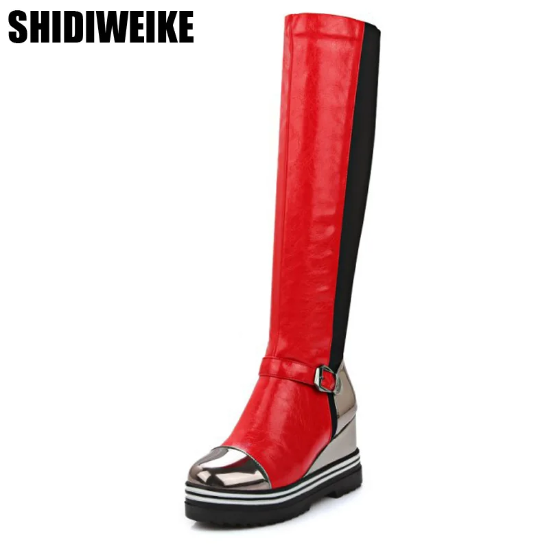

Round toe knee high boots platform height increasing long boots autumn fashion high heels Mixed Colors boots buckle women shoes