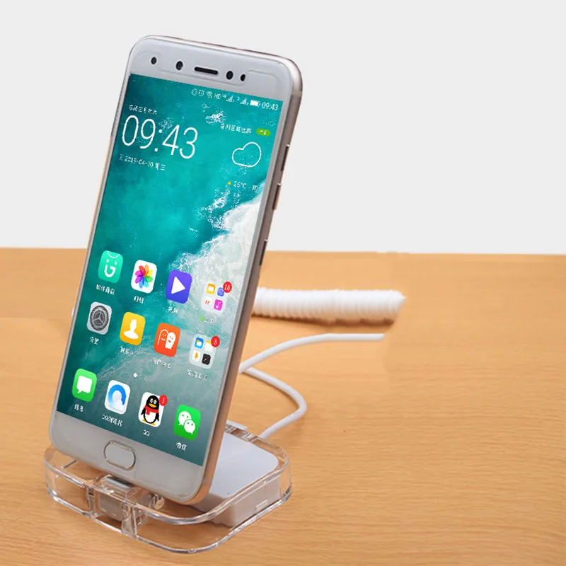

Newest vertical show glassy acrylic mini size for Huawei brand store remote control alarm charging base