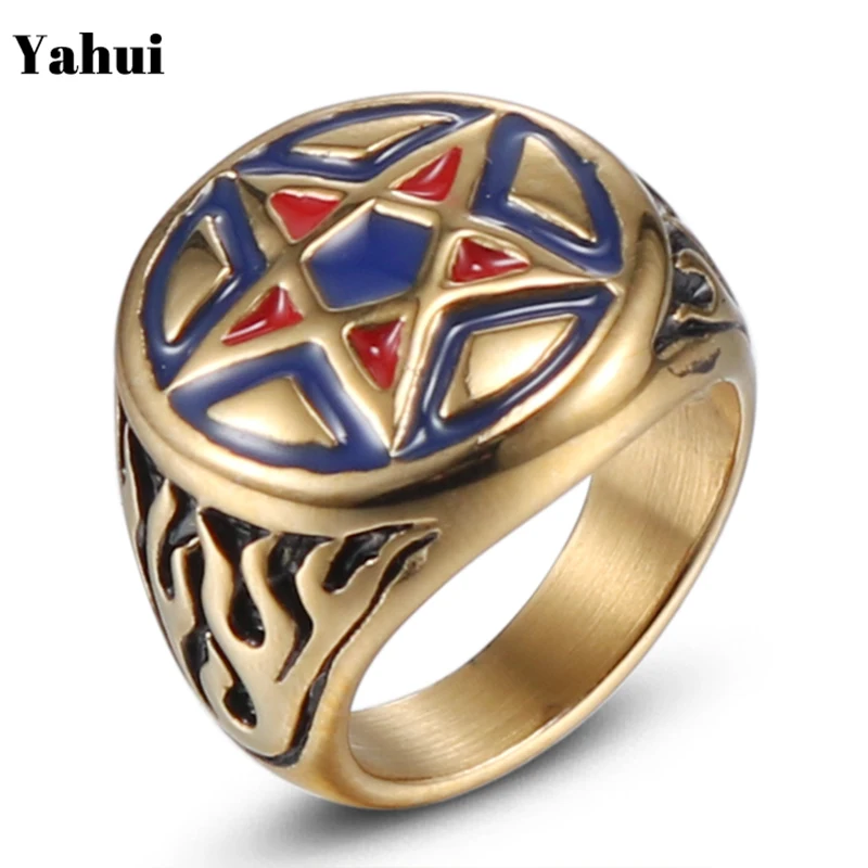 

YaHui stainless steel gold flame Pentagram Drop blue and red glue men ring simple high quality jewelry accessories jewellery