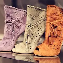 Весенние модные женские замшевые ботильоны с вырезами пикантные женские ботинки на шнуровке с открытым носком женские ботинки на высоком каблуке размер 42