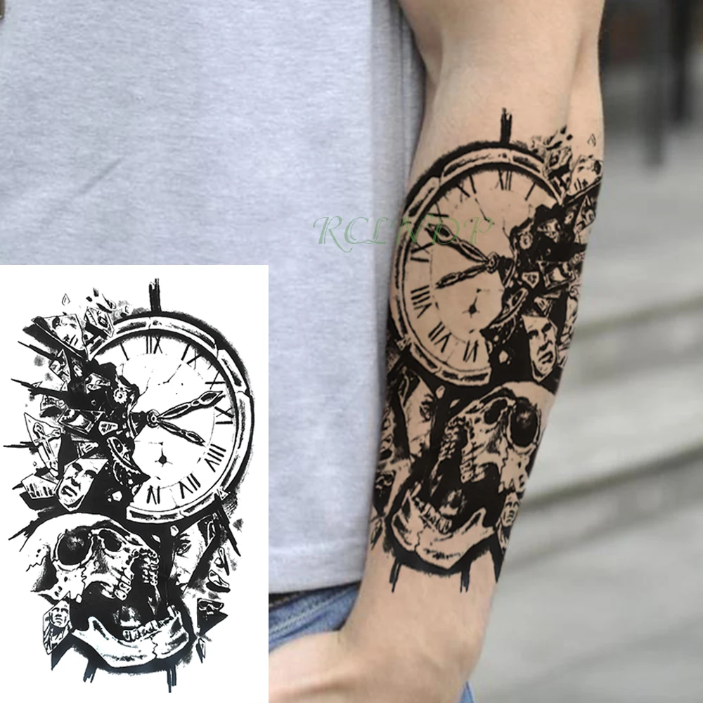 

Waterproof Temporary Tattoo Sticker Skull head Clock Fake Tatto Flash Tatoo Back Leg Arm belly big size for Women girl Men