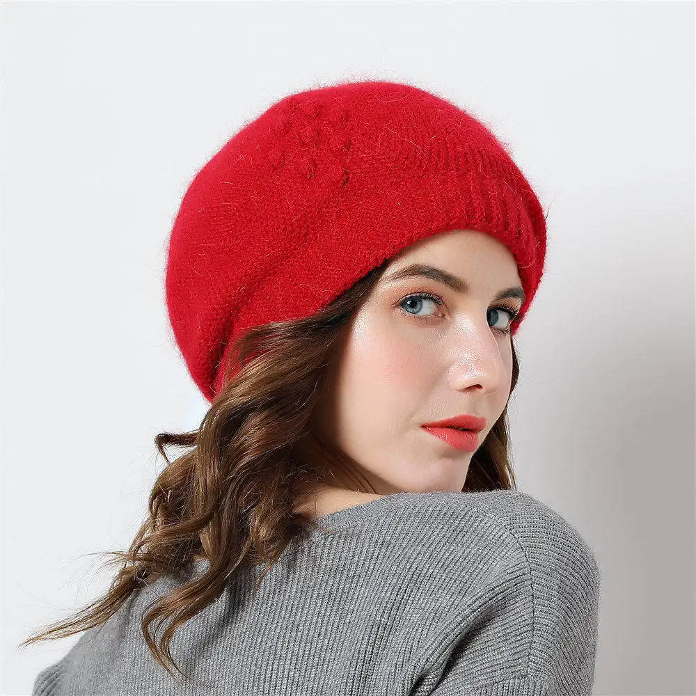 Angora Hat Women Winter Beanies Knit Warm Casual Soft Solid Color Thermal Outdoor Snow Accessory Caps Headwear  (7)