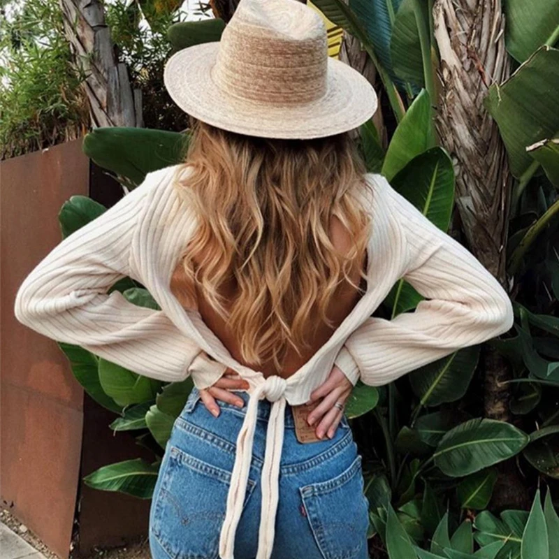 

Autumn Beige Thin Sweater Women Casual Backless Cropped Pullover Boho Sexy Jumper Pull Femme Tee Wrapped Shirt Bow Tie Crop Top