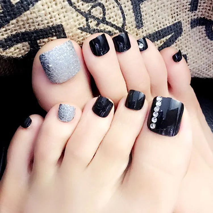 24pcs Beautiful Acrylic False Toes Tips Short Finished Toenails Pure 24pcs Beautiful Acrylic False Toes Tips Short Finished Toenails Pure Black Silver Manicure Nail Feet Patch Faux Ongles In Nails From Beauty