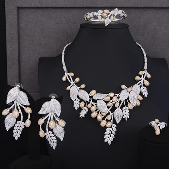 

Luxury African Wedding Jewelry Sets Floral Cubic Zirzonia Indian Wedding Big Collar Necklace Earrings Bracelet Ring Jewelry Set