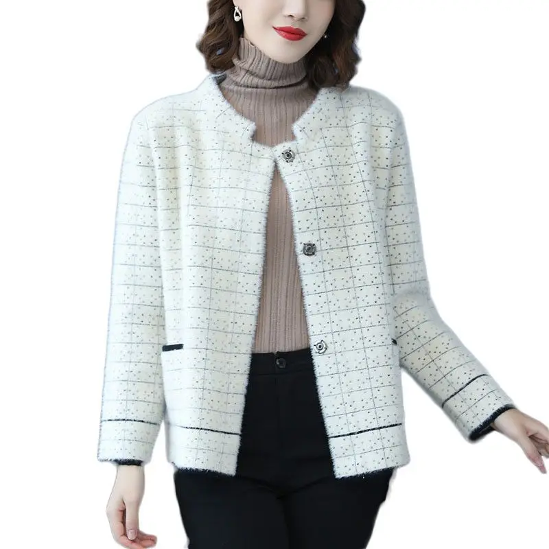 

2019 Autumn Winter Female Imitation Mink Coat Women Thick Warm Short Cardigan Jacket Korean O-Neck Plaid Sweater Outerwear A232