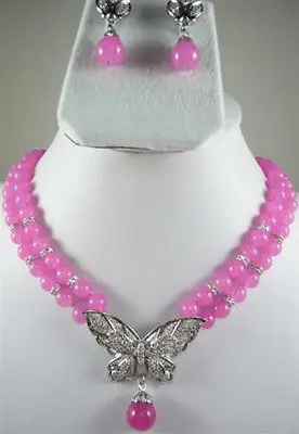 

Charming! 2Rows Pink Chalcedony Necklace Earring Set>>18K gold plated watch wholesale Quartz stone CZ crystal