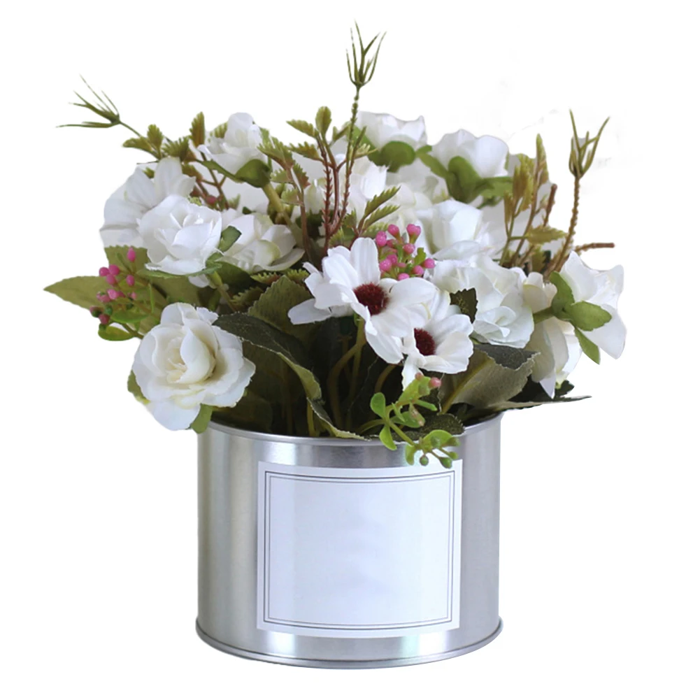 Пластиковый искусственный букет роз Металлический горшок для растений Свадебная вечеринка украшение дома Горячая - Цвет: Белый