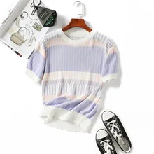 

Summer women T-shirt Tencel Knitted short sleeves ruffles O-neck Pullovers Jumper Computer Knitted Sweaters Multicolor