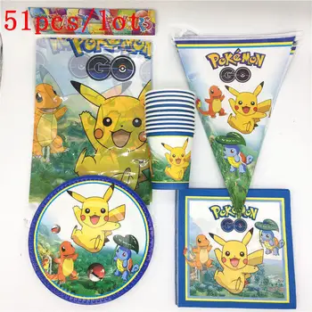 

51Pcs/Lot Pokemon Go Pikachu Kids Girls Birthday Party Decorations Plates Paper Cups Tablecloth Flags Package Party Supplies