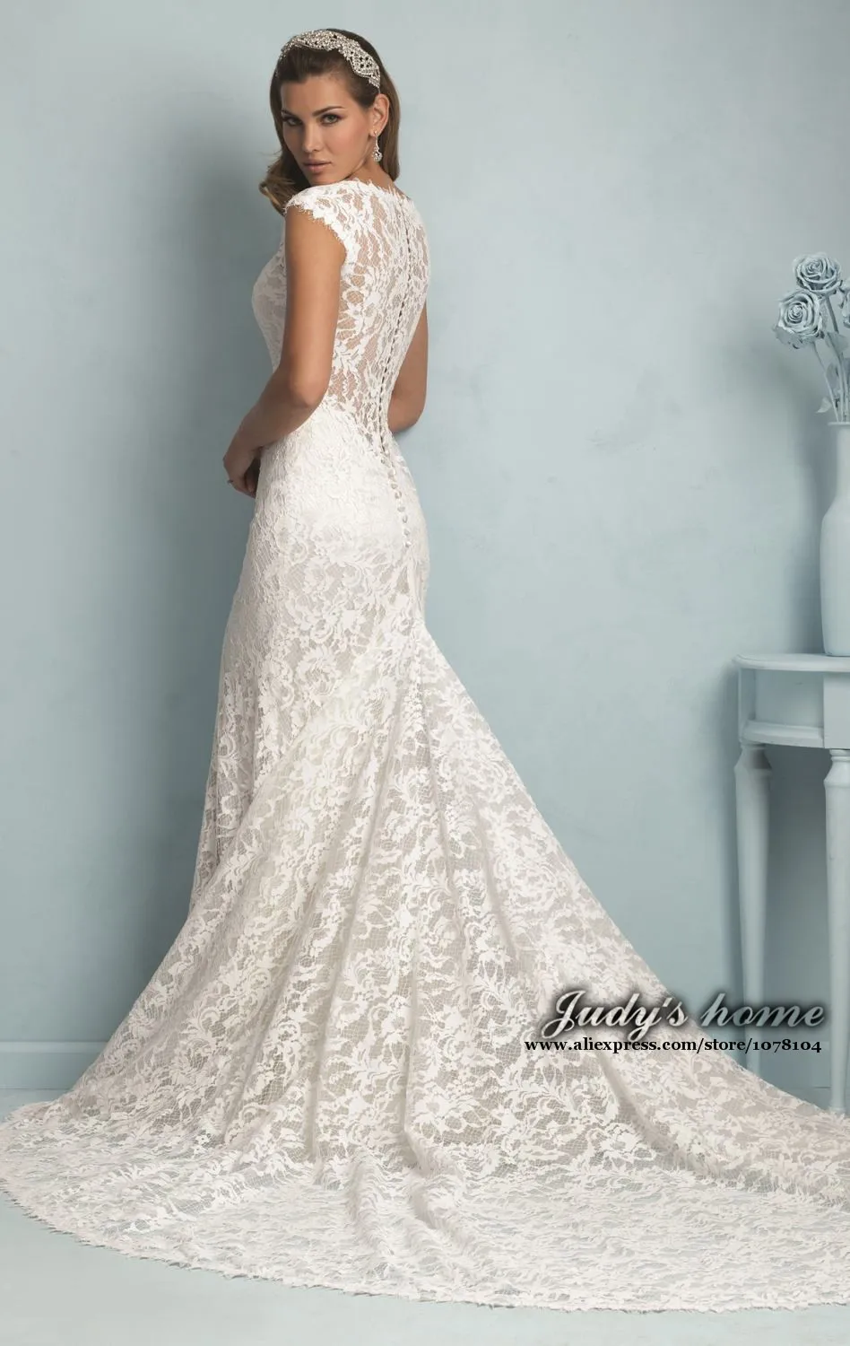 Designer Wedding Dress V Neck Sheer Lace Back Mermaid Lace Wedding