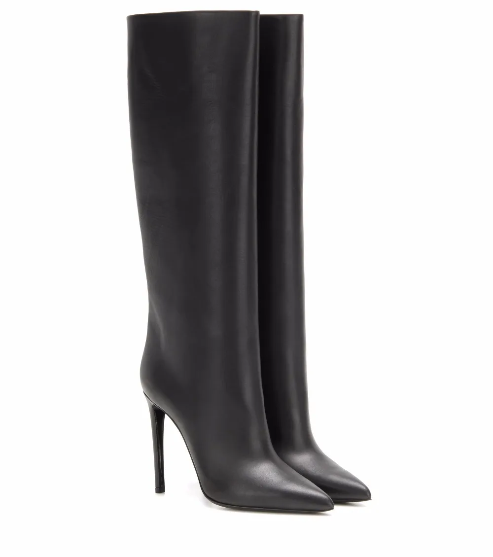 black knee high boots slip on high heel Pointed toe (2)