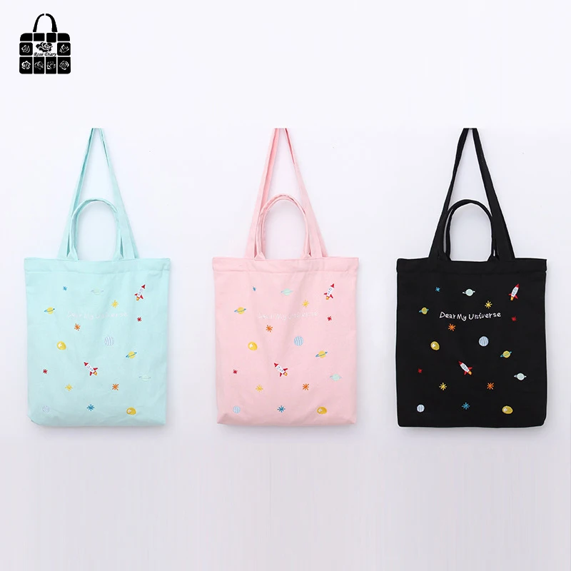 ROSEDIARY Colorful universe embroidery 100 cotton canvas Handbags large capacity Shopping Beach Bags Women Girl Shoulder