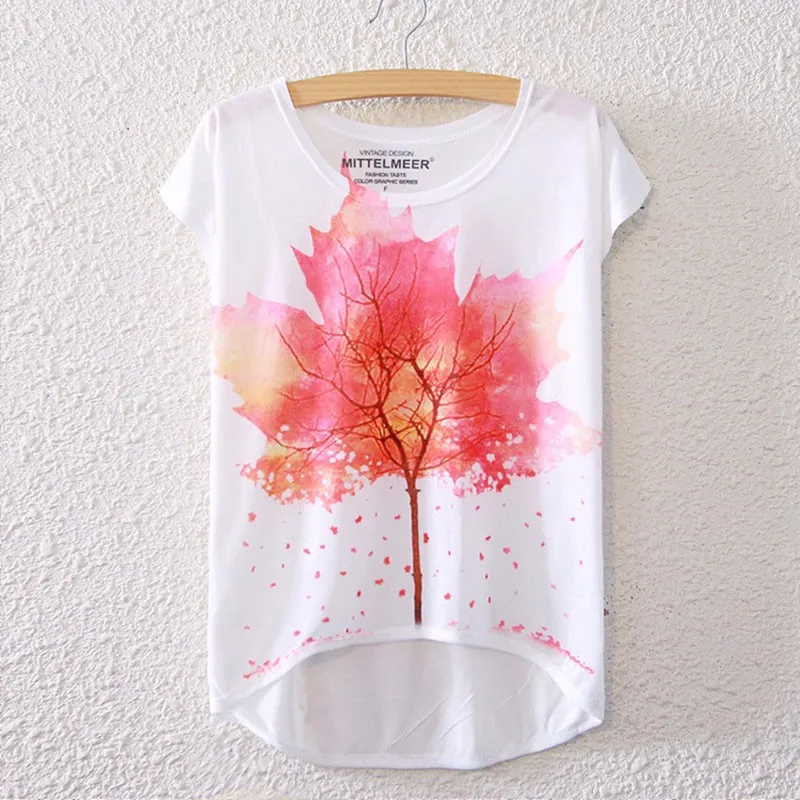 

2017 Brand New Polyester T-Shirt Women Short Sleeve t-shirts o-neck Causal loose Maple Leaf T Shirt Summer tops for women