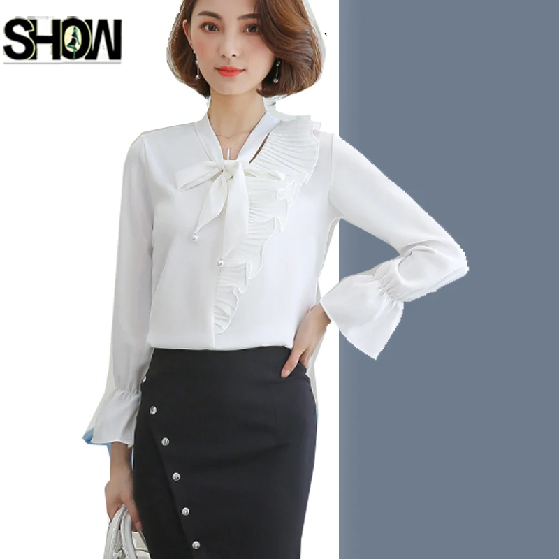 Lucu Busur Top V Neck Chiffon Blouse 