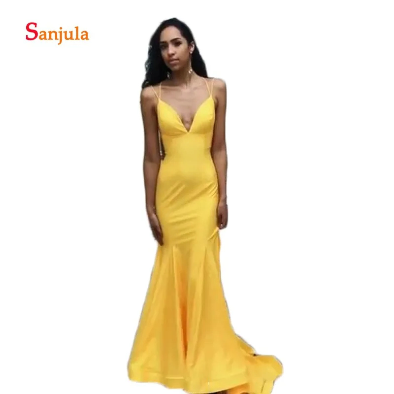Yellow Spandex Long Prom Dresses 2019 Sexy V Neck Sheath Simple Black Girls Gowns Back Criss-Cross Graduation D697 | Свадьбы и