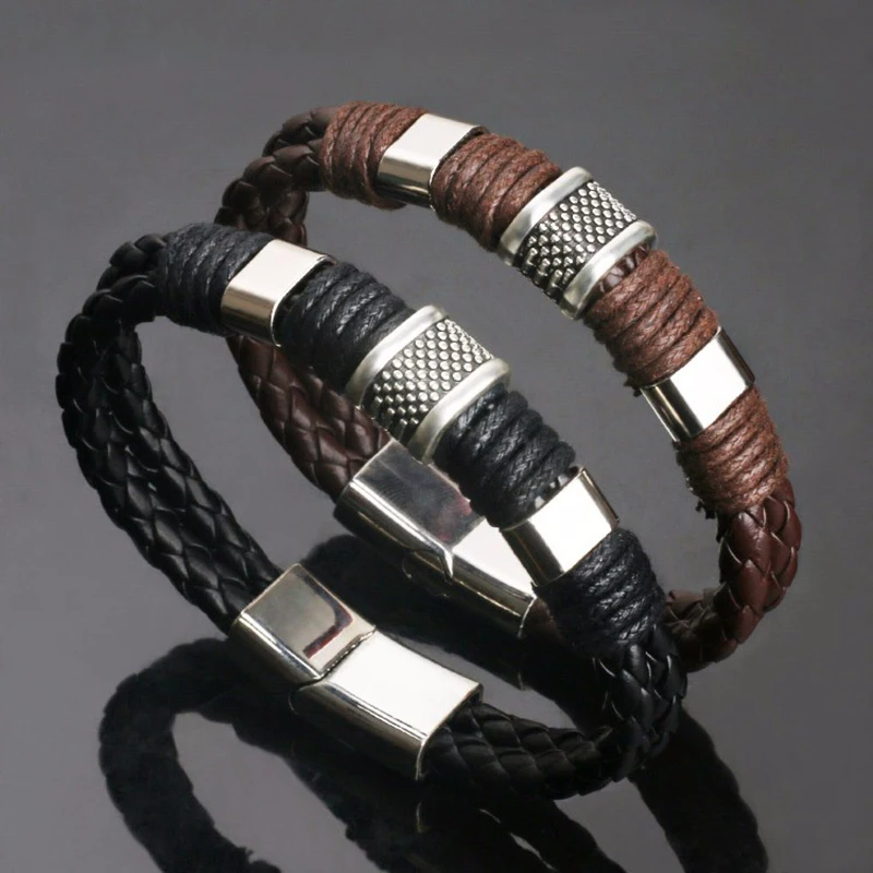 

Vintage Mens Leather Knitting Bracelet Wristband Retro Magnet Buckle Bracelets Bangle Black/Brown Color