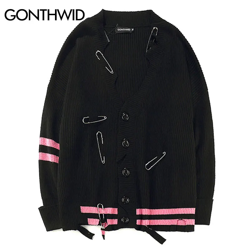 GONTHWID Ripped Striped Sweater 2017 Autumn Broken Holes Knitted