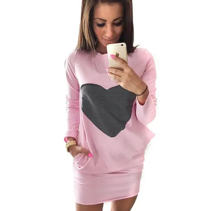 Heart Dresses for Women mini sweatshirt dress female jacket Long Sleeve Double Pocket Women Clothes Bodycon Dress ropa mujer