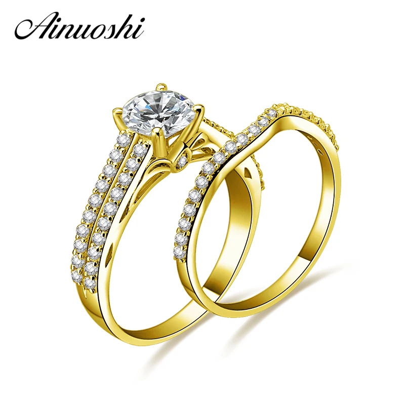 AINUOSHI 10k Solid Yellow Gold Round Ring Set Trendy Engagement Wedding Jewelry  4 Prongs 1ct Round Cut SONA Diamond Ring Set