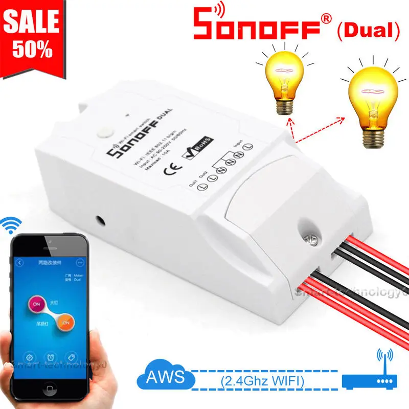 

Sonoff Dual 2CH Wifi Light Switch Multi-Device Controlled Switch Control Two Device Wireless Smart Switch with Alexa Google Home