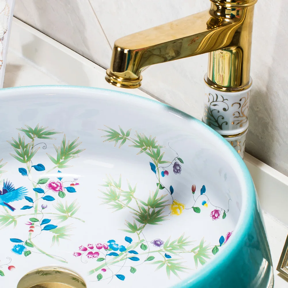 فوق حوض بونساي دي الخزف الحمام الغرور مغسلة حوض الفن الحمام الطيور و الزهور الأواني LO620408