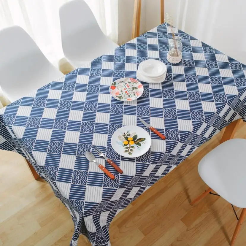 Modern Fashion Chinese Plaid Tablecloth Linen Cotton Home Blue Table