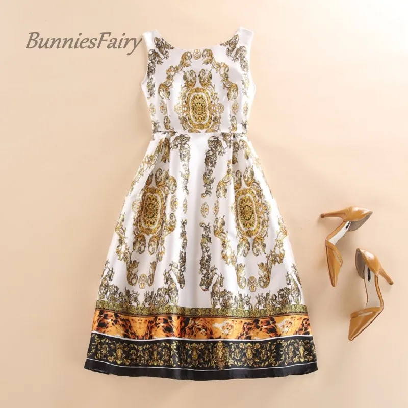 BunniesFairy, весна, новинка, 1950 s, женское винтажное платье, роскошный золотой цветочный принт, Женская подиумная праздничная одежда, рокабилли - Цвет: 01