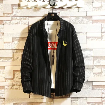 

#0128 Spring Vertical Striped Shirts For Men Long Sleeve Lapel Collar Embroidery Plus Size 5XL Casual Shirt Cotton Streetwear