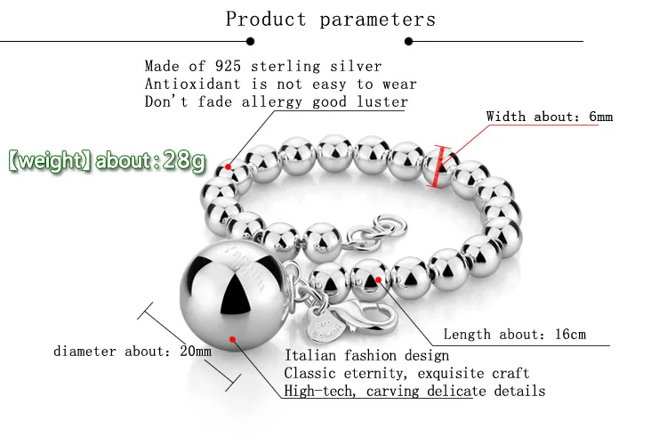 Женский браслет из стерлингового серебра 925 пробы, этнический кулон в виде шарика, браслет из бисера, женские очаровательные серебряные ювелирные изделия 20 см, цепочка из цельного серебра