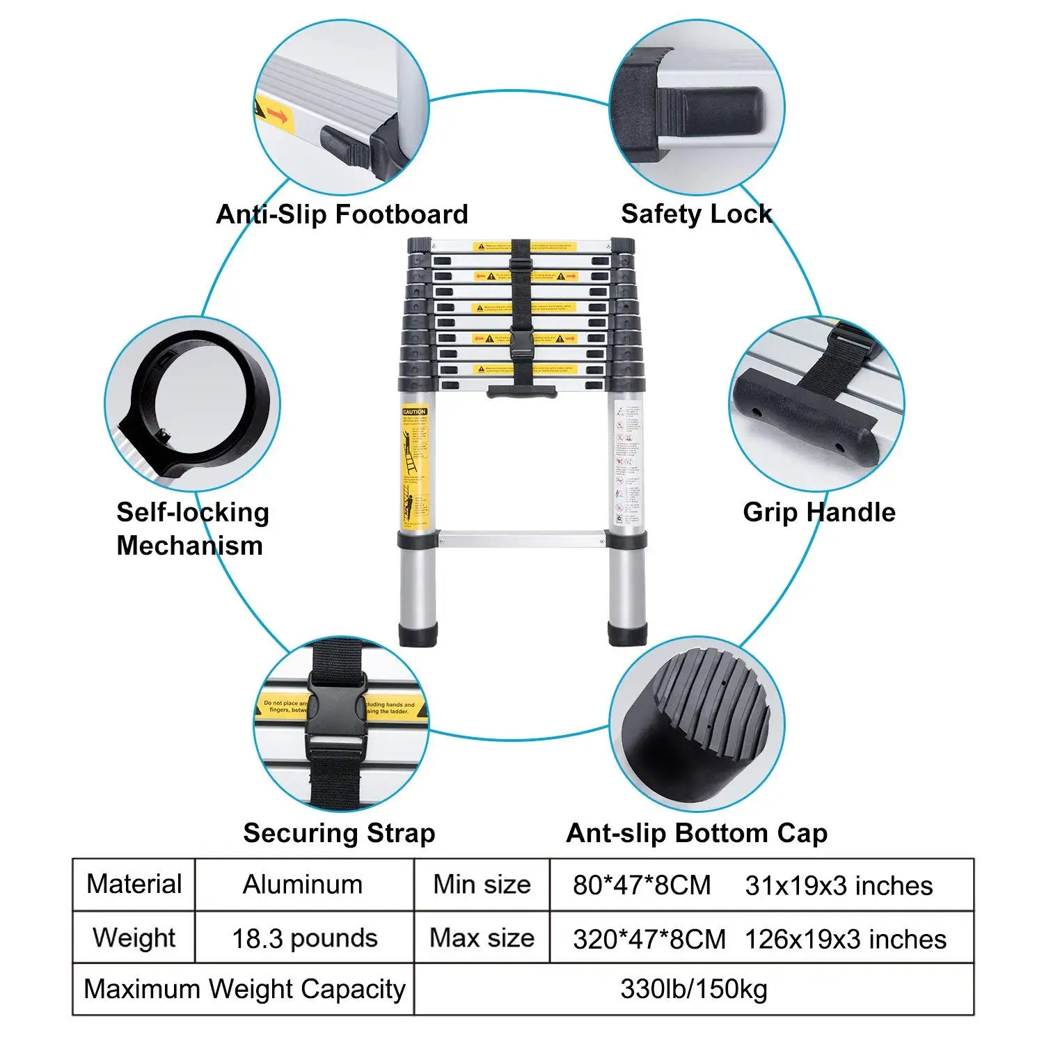 EN131 8.53ft (2.6m) telescopic ladder folding ladder aluminum ladder multifunctional household thickening telescopic ladder