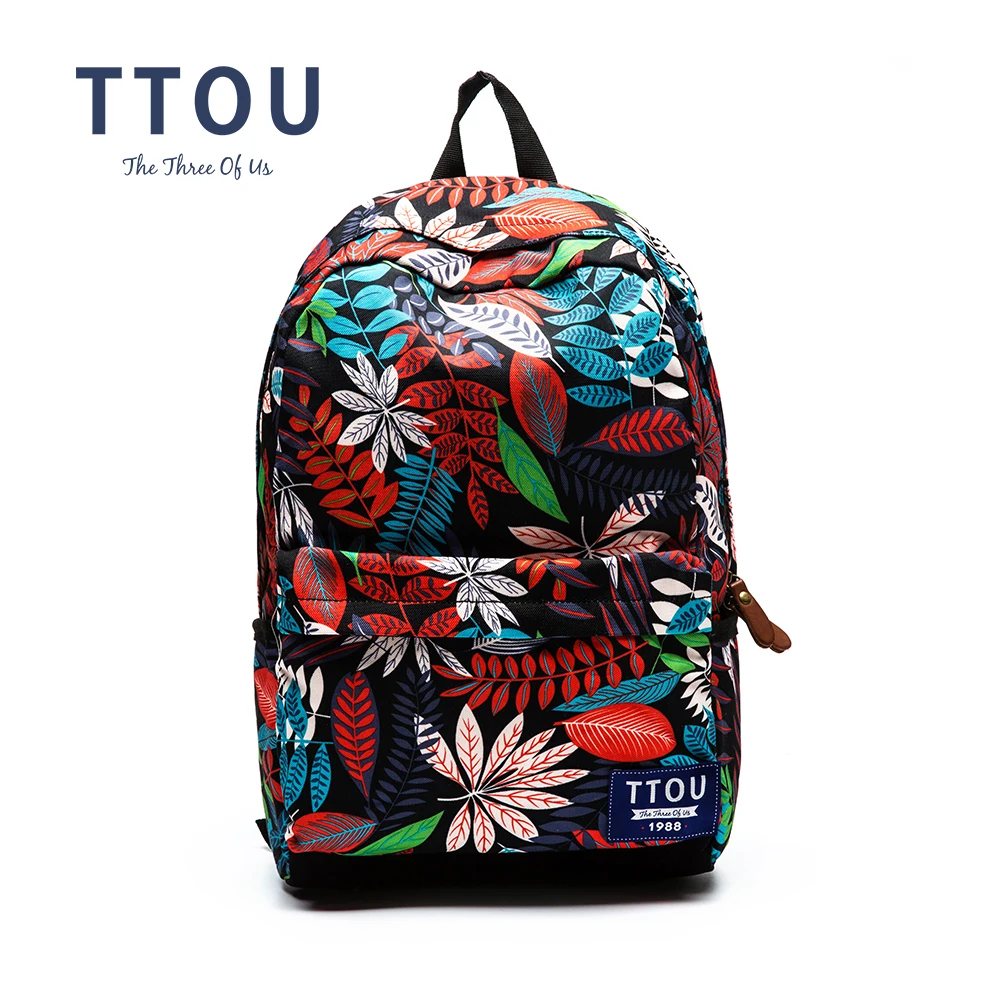 TTOU Women Canvas Backpack Bag Female Fashion Leaves Printing Large Capacity Travel Backpacks School Bag for