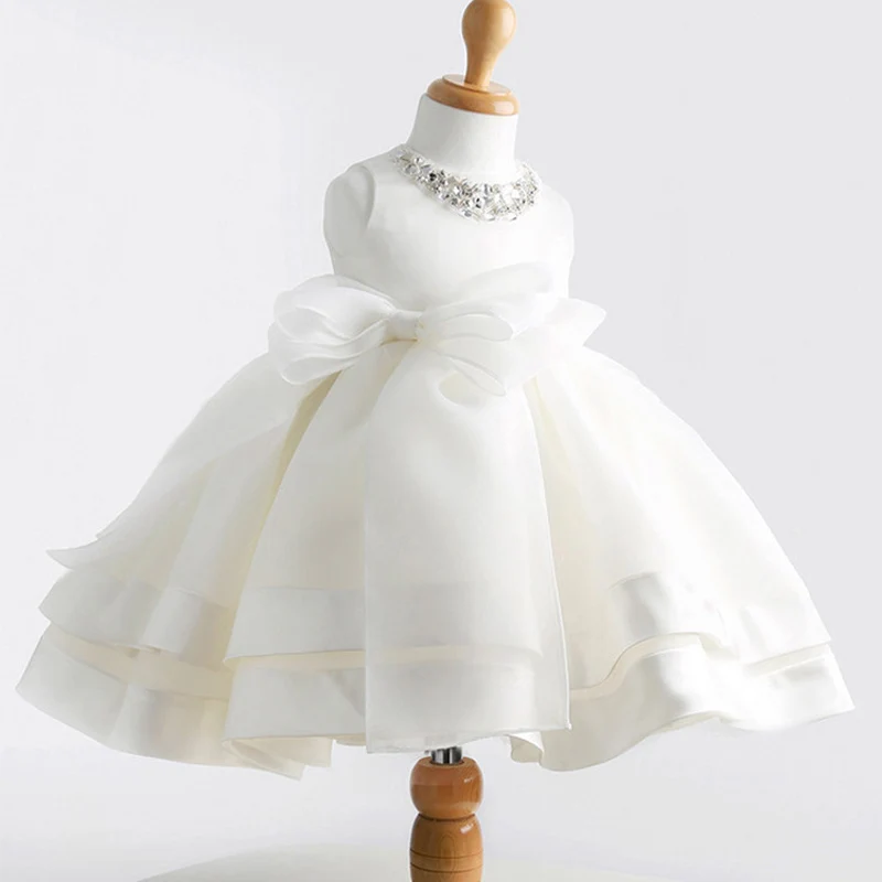 Mamimore White Princess Dress Girls Dress with Crystal O neck Children