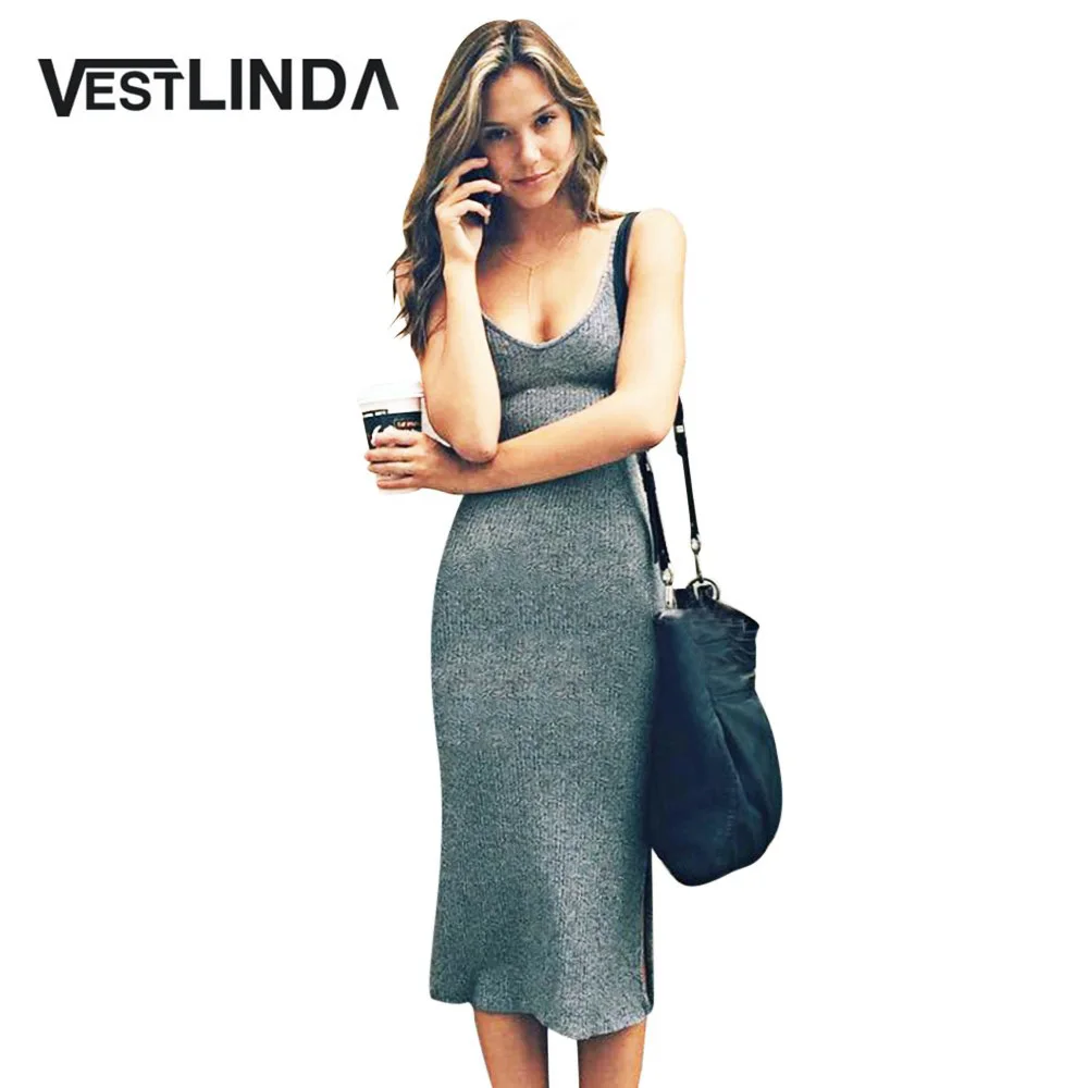VESTLINDA Knitted Dress Side Split Midi Bodycon Dress Women Summer Brandy Melville Spaghetti Strap Sexy Deep