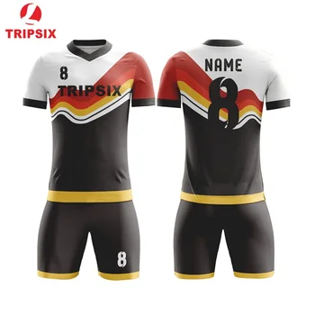 

2019 Newest Red Black Strips Design Wholesale Price Fully Sublimation Custom Soccer Jersey For Men