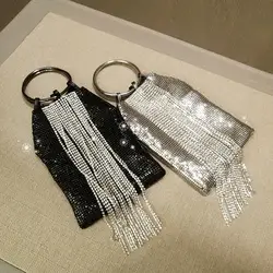 Женская сумка для ужина, кольцо с металлической ручкой, браслет с бриллиантами, серебряные блестящие цепочки, кисточки, женская сумка