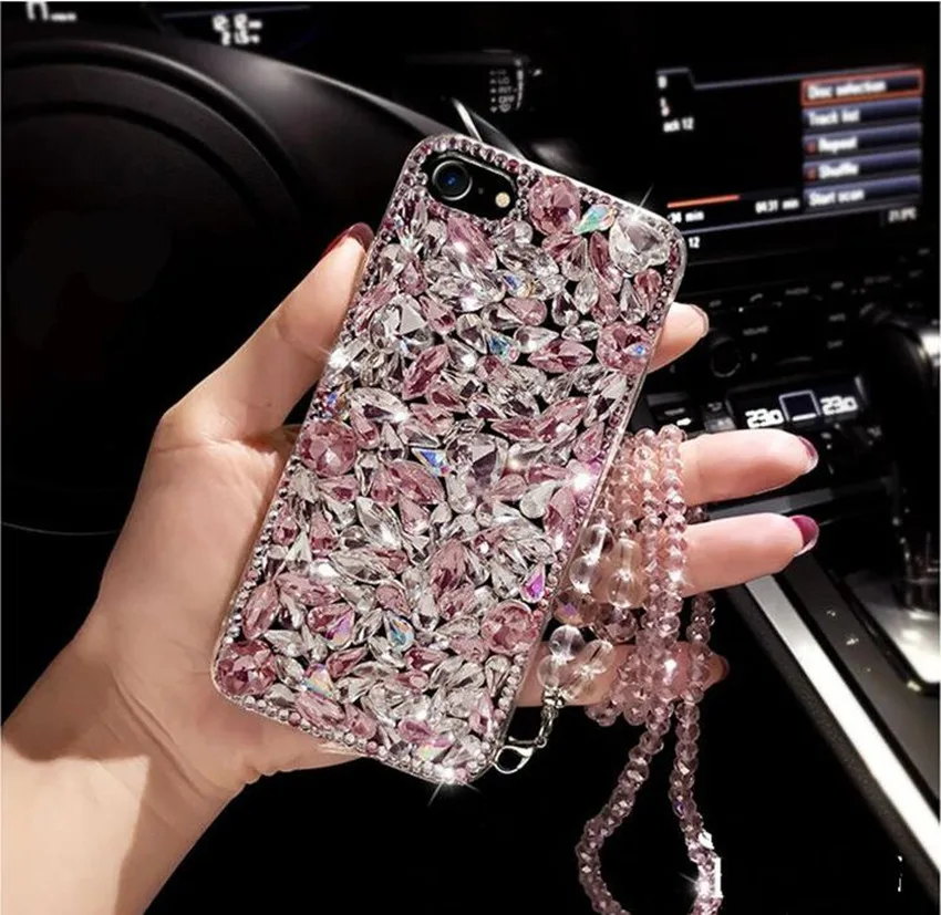 For Xiaomi 10 9 MAX3 Redmi 5A 6 8A Note 6 7 8 Pro 8T Luxury Cute diamond Glitter Rhinestones case cover Crystal long chain strap For Xiaomi 10 9 MAX3 Redmi 5A 6 8A Note 6 7 8 Pro 8T Luxury Cute diamond Glitter Rhinestones case cover Crystal long chain strap