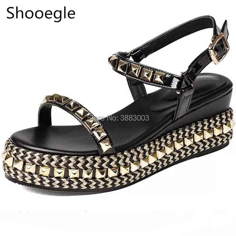 

Summer rivets wedges heel women sandals Platforms Thick Heels pumps buckle strap open toe Women spikes sandals big size EU42