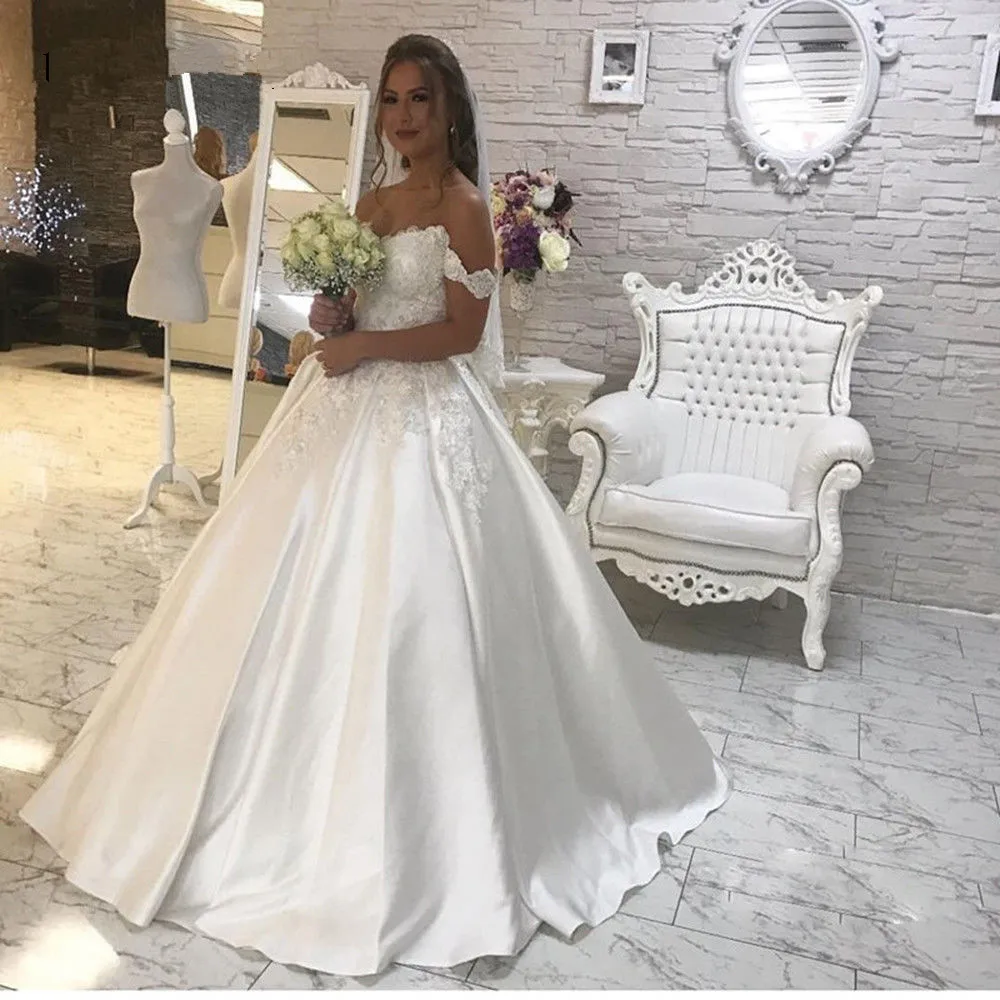 Vestido De Noiva 2019 Off The Shoulder satin Wedding Dresses Ball Gown Satin Lace Boho Bridal gown Dubai Arabic Wedding Gown