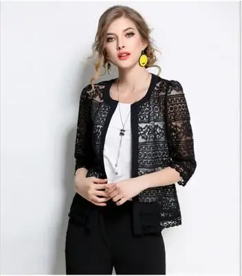 Женская куртка с рукавом 3/4 размера плюс 5XL, новинка, весна-лето, тонкое кружевное пальто с вырезом, сексуальные белые и черные повседневные куртки, топы C7D206A - Цвет: Black