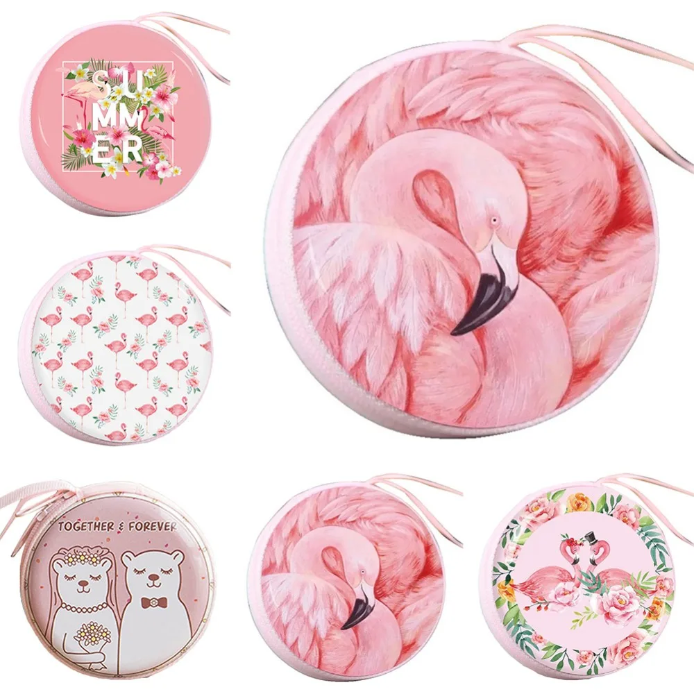 Новые розовые милые круглые маленькие кошельки с принтом фламинго для женщин и детей, мини кошелек, коробка для монет, сумка для хранения на молнии, сумка для наушников