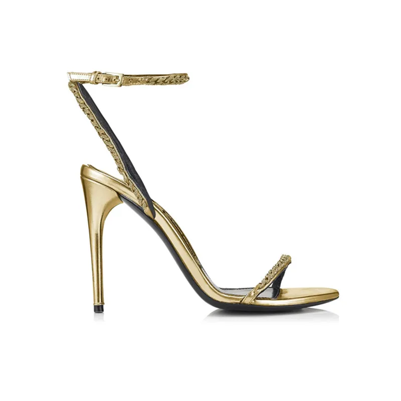 

EMMA KING Sexy Open Toe Buckle Strap Black Womens Sandals Open Back High Heels Wedding Thin Heels Shoes Big Size 43 Metal Chain
