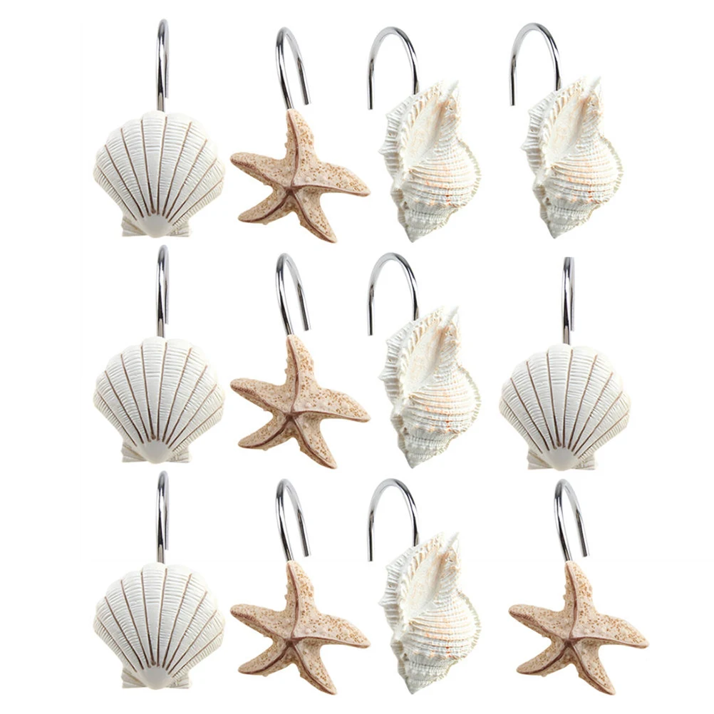 12 PCS Mediterranean Seashell Starfish Shower Curtain Ring Hook Bathroom Hanger Hooks Rails
