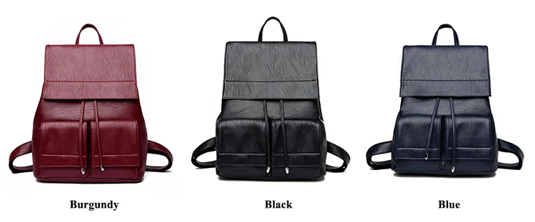 MJ Women Leather Backpack Solid PU Leather Travel Bag Branded Design Female Large School Bag for Girls High Capacity Drawstring-1